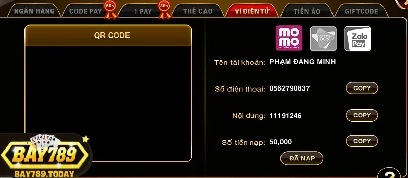 Nạp tiền Bay789 qua ví điện tử Momo