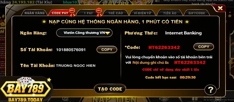 Quy trình nạp tiền vào cổng game đánh bài Bay789